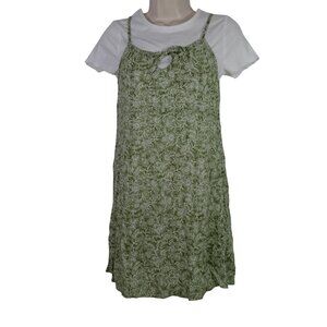 Evsie Green Floral Dress with Attached White Tee Girls Size L 11/12 Short Sleeve